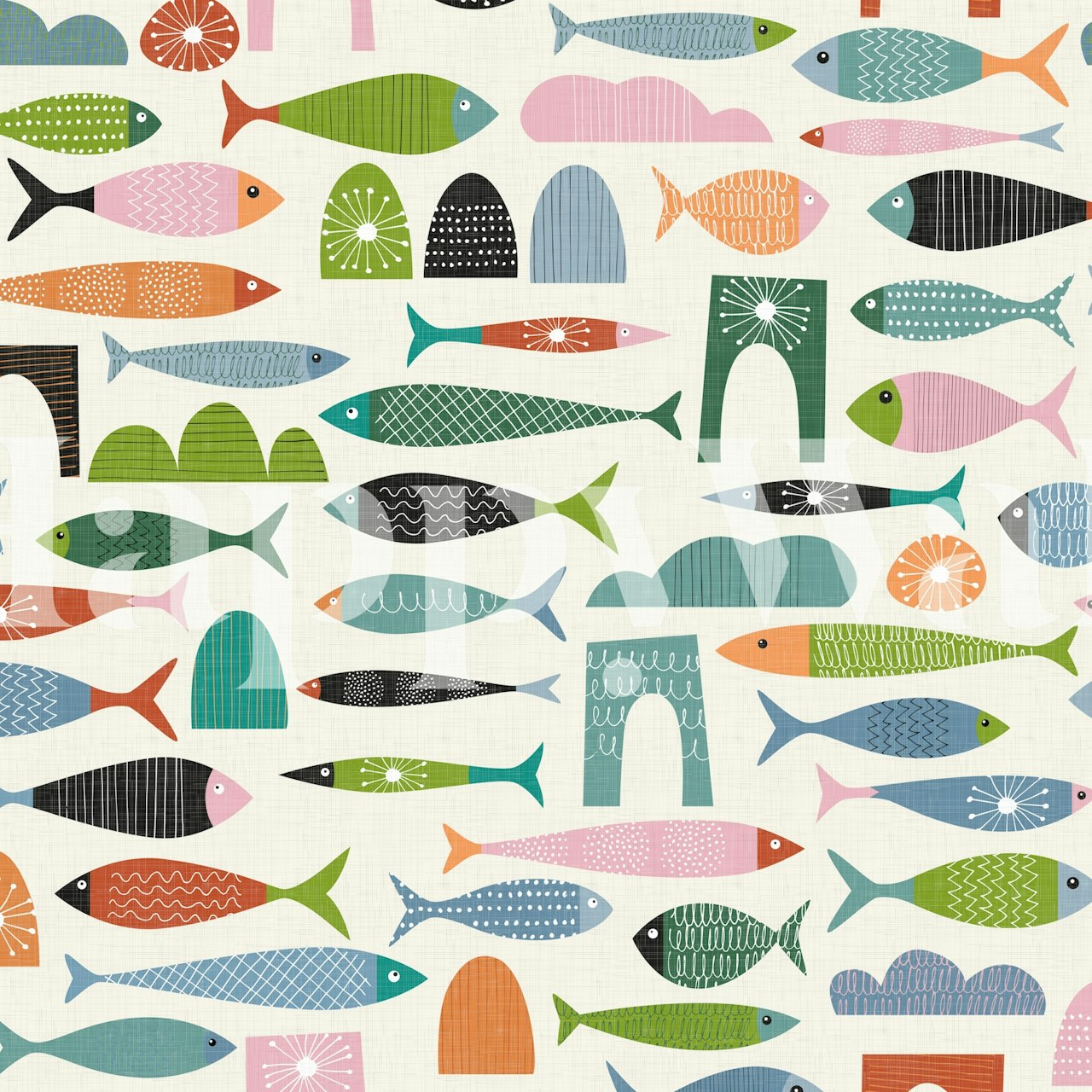 Mid century modern cat toys and colorful fish wallpaper