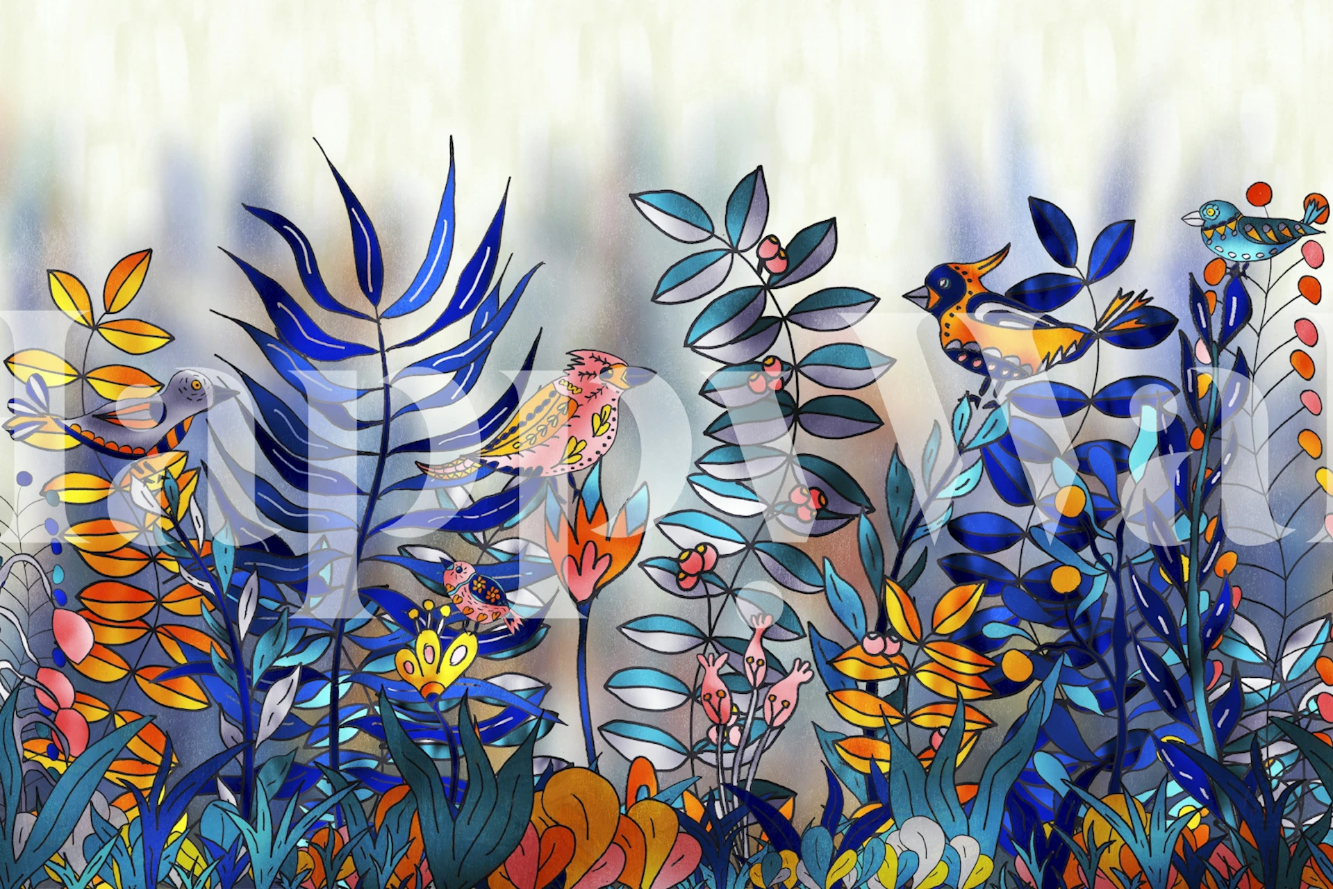 Colorful birds and flowers on blue backdrop wallpaper