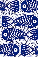 Blue and White Block Print / Doodle Fish tapete