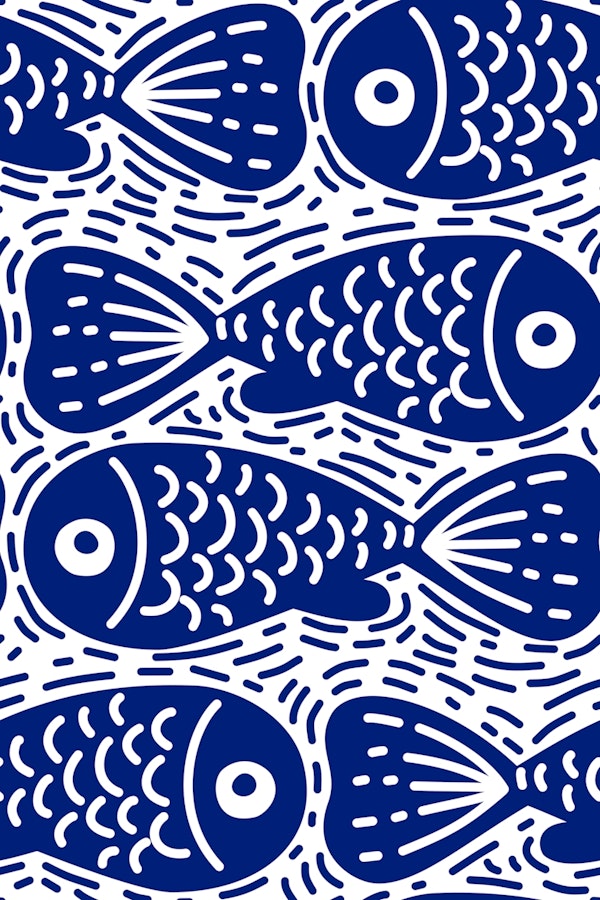 Blue and White Block Print / Doodle Fish