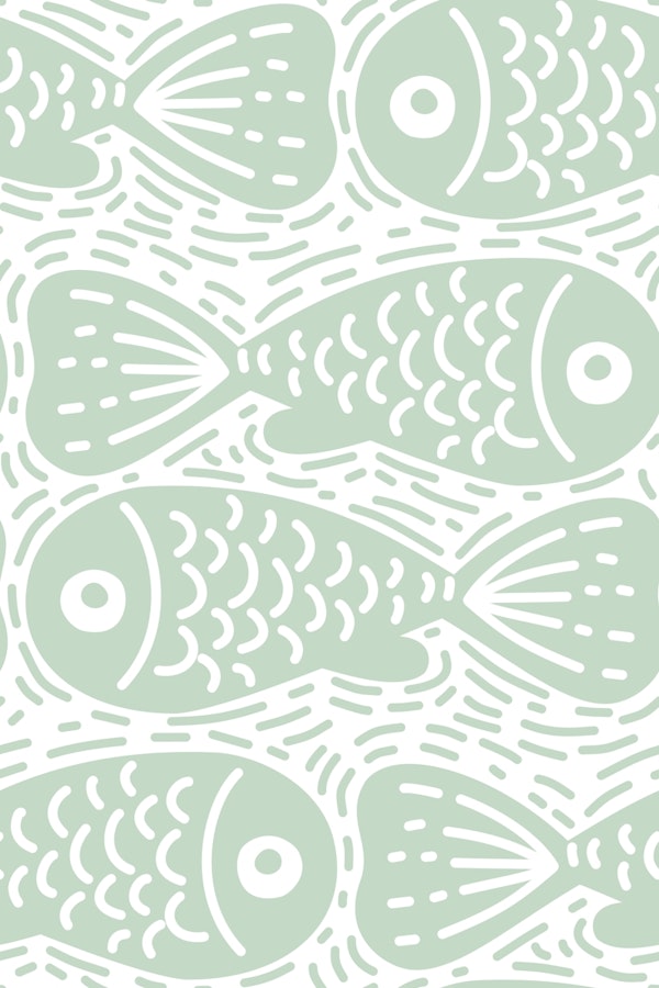 Light Sage Block Print Doodle Fish