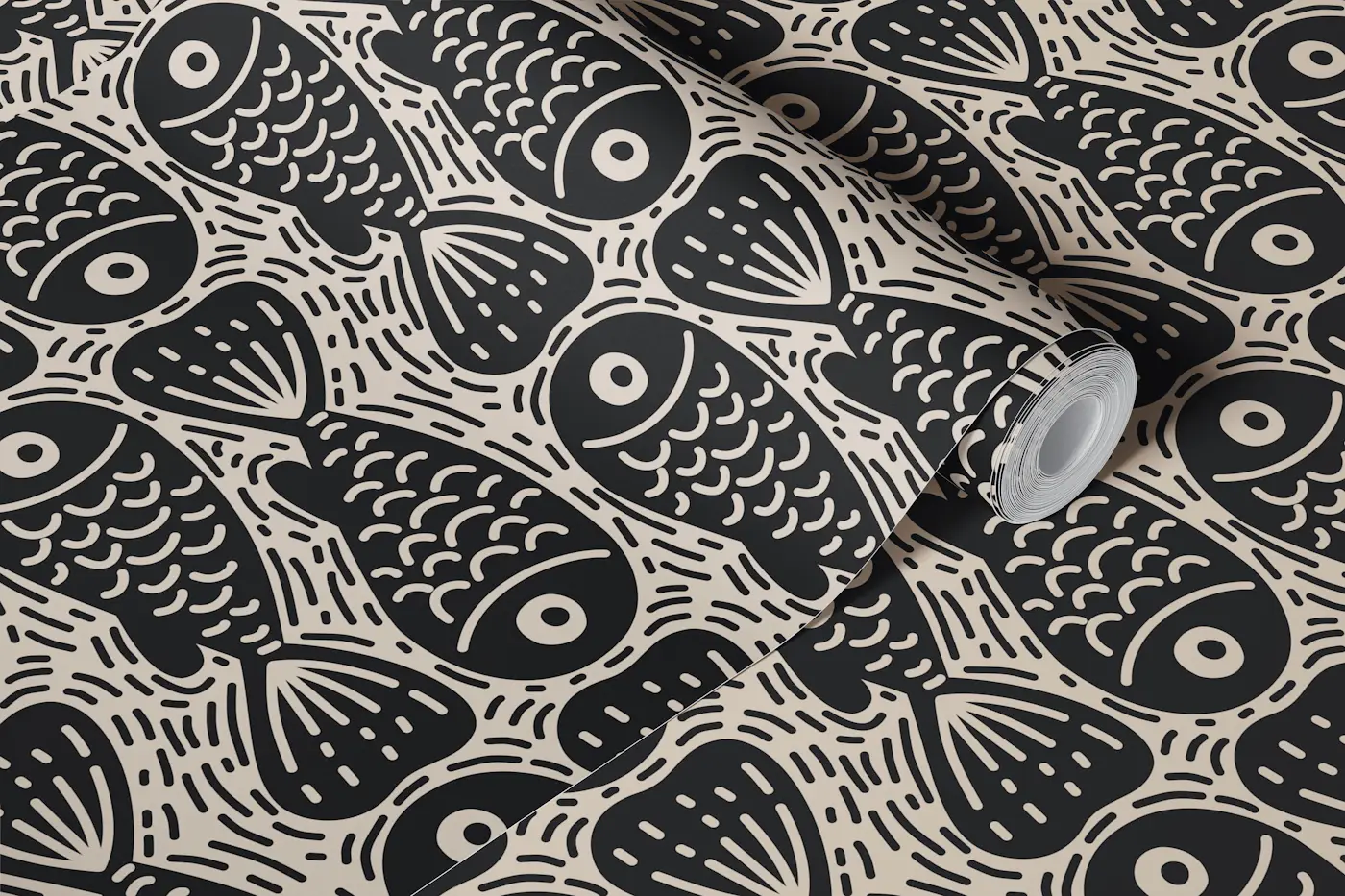 Black Block Print Doodle Fish wallpaper roll