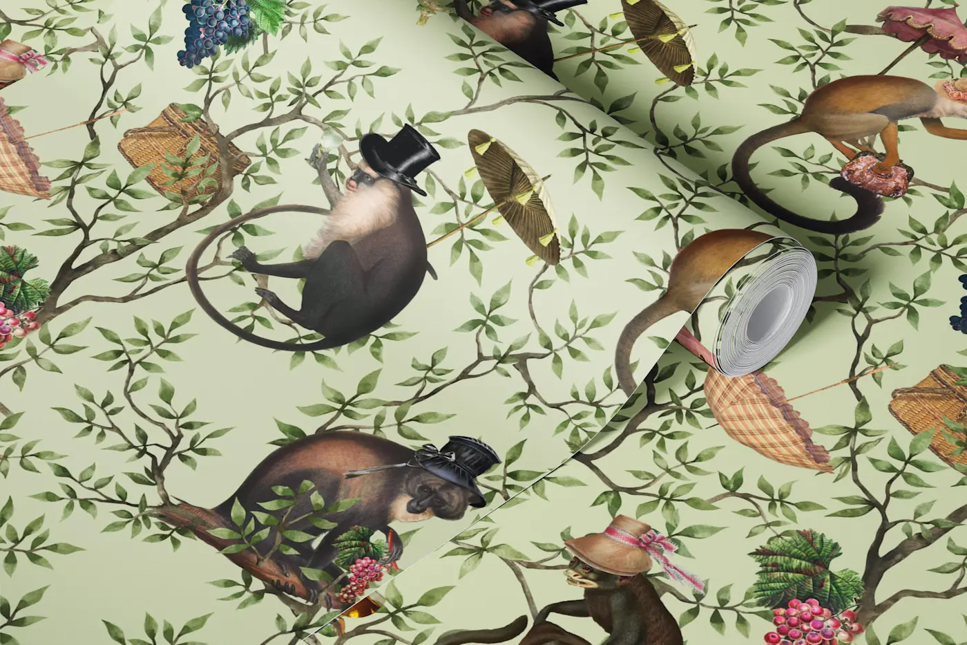 Monkeys Antique Garden Party Green wallpaper roll