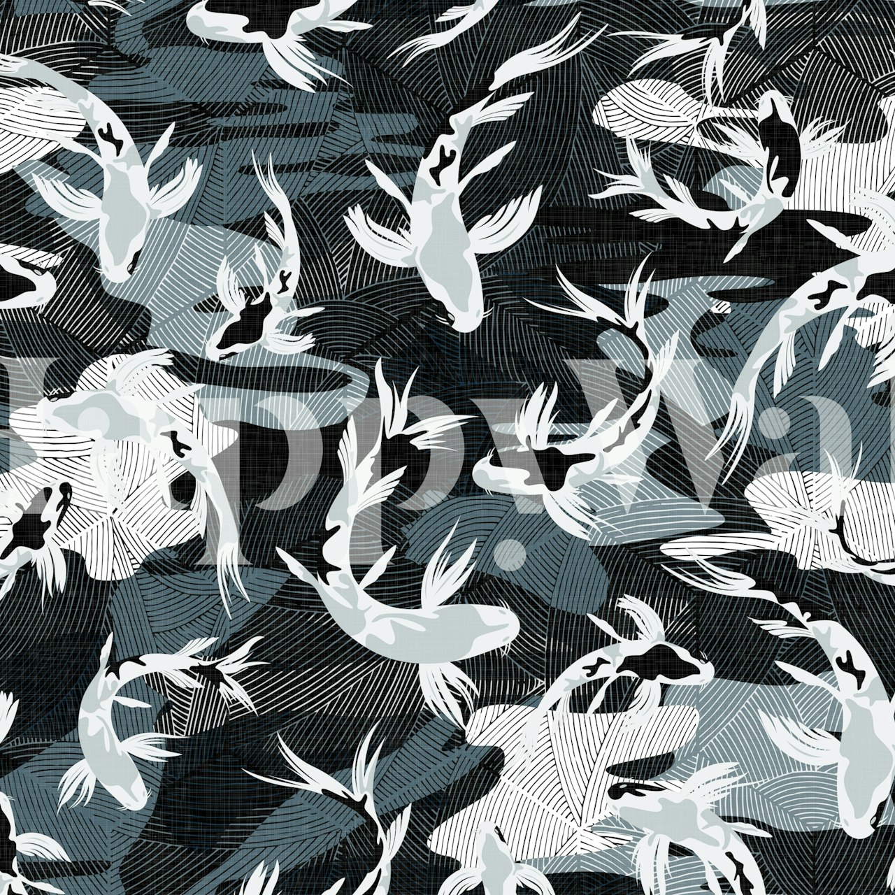 Koi fish in dark water with lines and strokes wallpaper