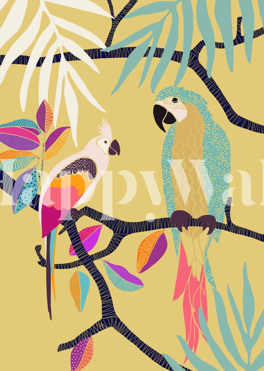 Tropical wallpaper med färgglada fåglar och växter