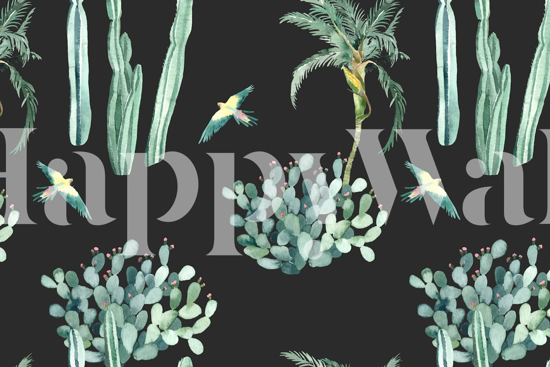 Cactus and exotic birds on a black background wallpaper