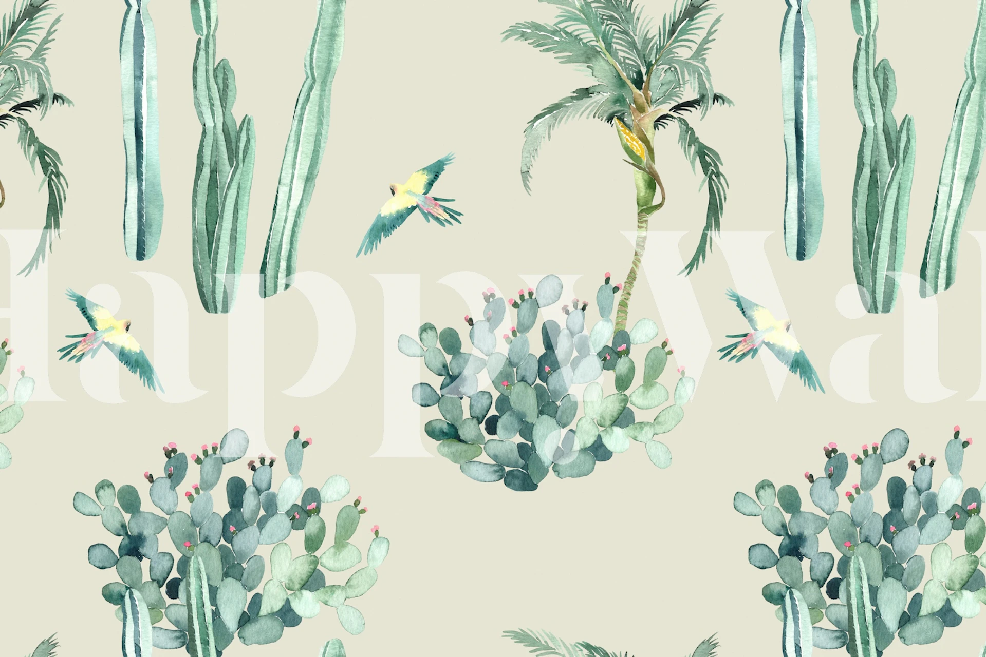 Cactus and tropical birds on beige background wallpaper