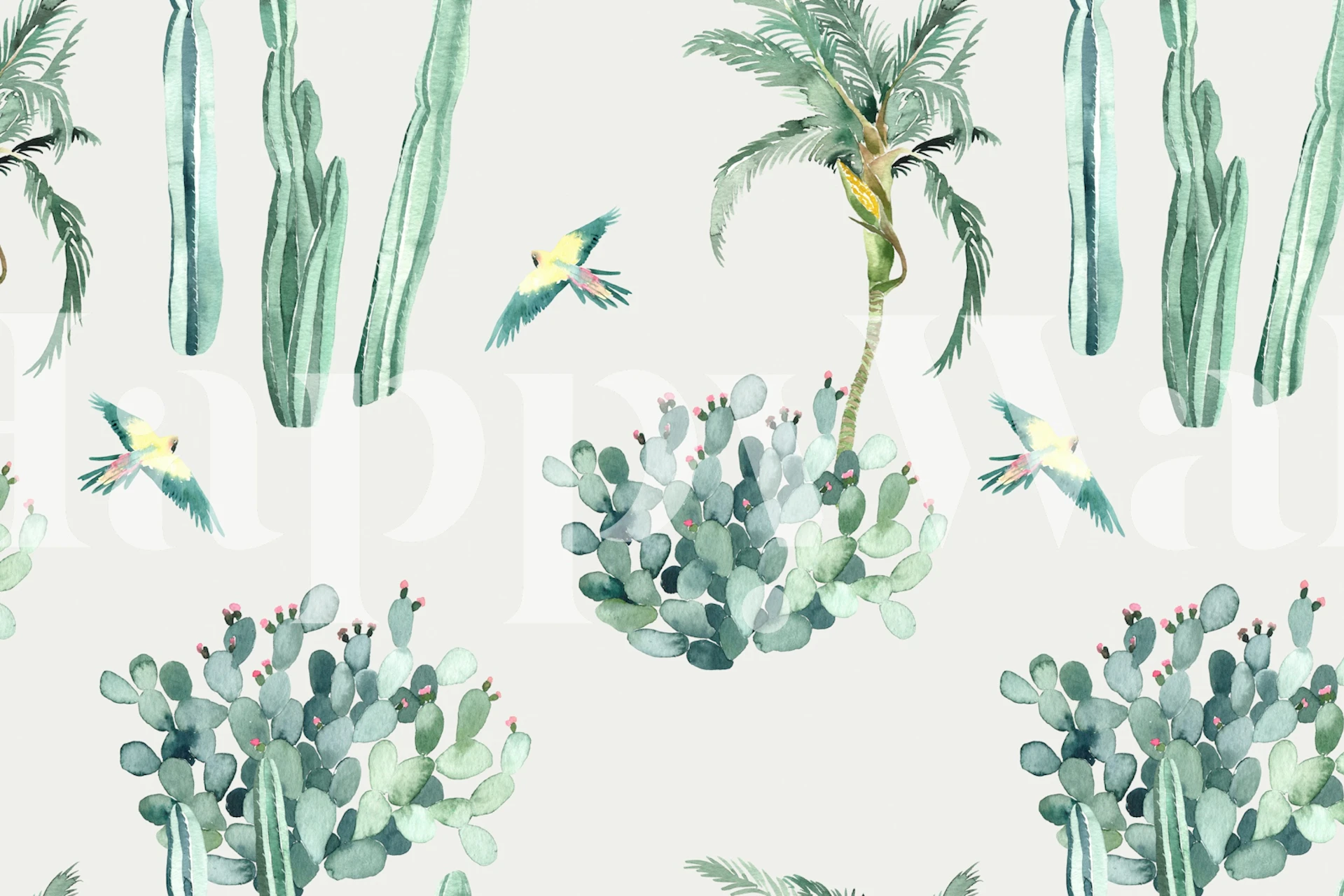 Exotic Birds Among Cactus Plants behang ontwerp