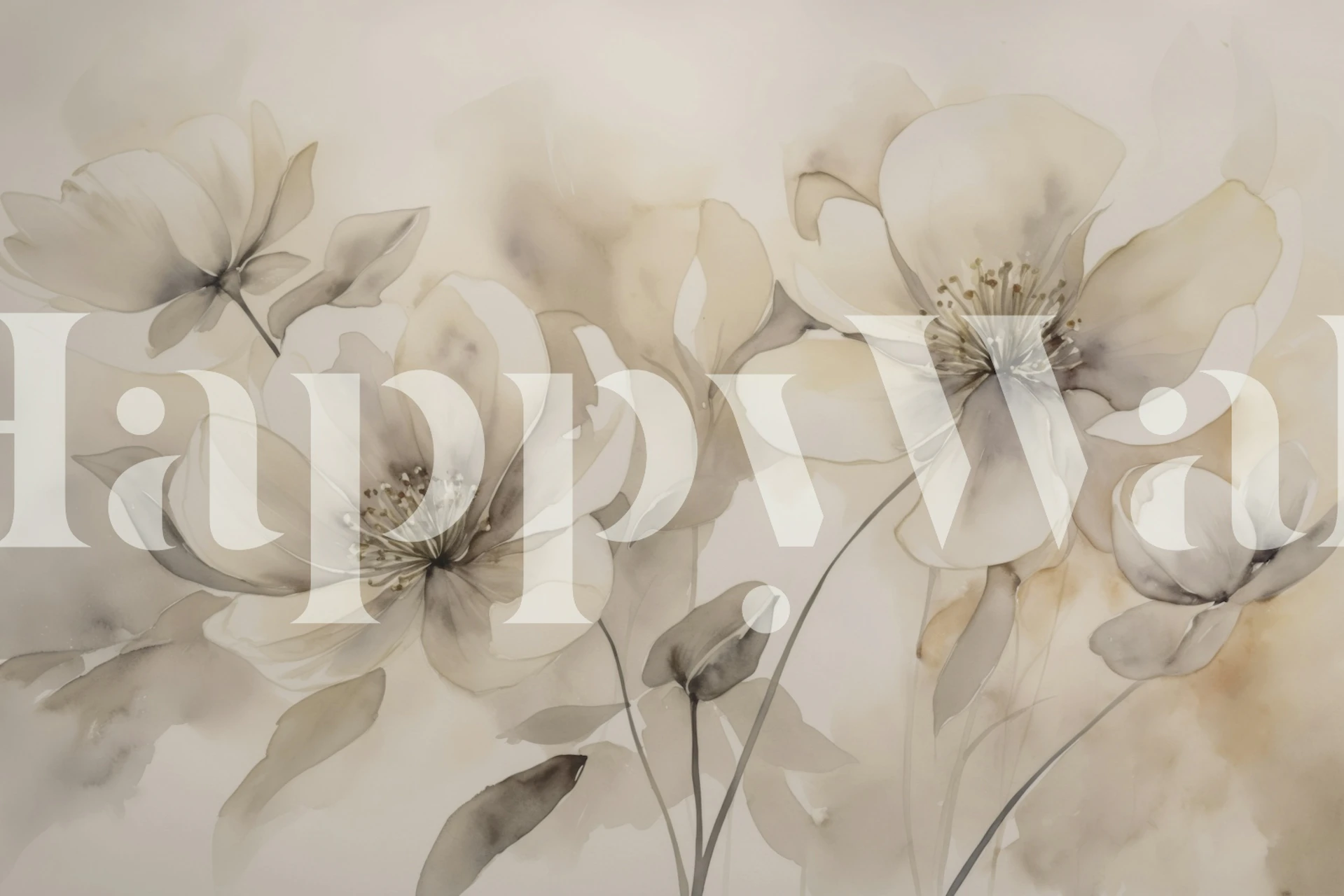 Floral wallpaper with soft cream and beige tones in a watercolor style