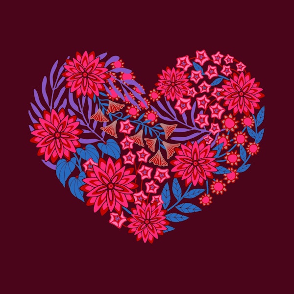 Flowered Heart Love Floral Botanical Red