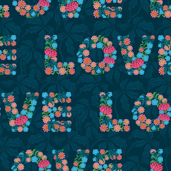 Flowered Love Floral Lettering Pattern Blue