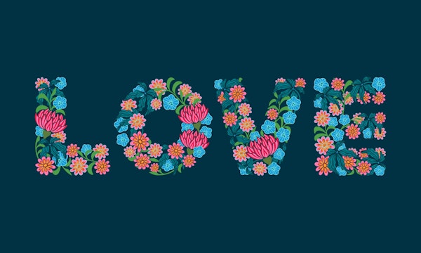 Flowered Love Floral Letters Blue Horizontal