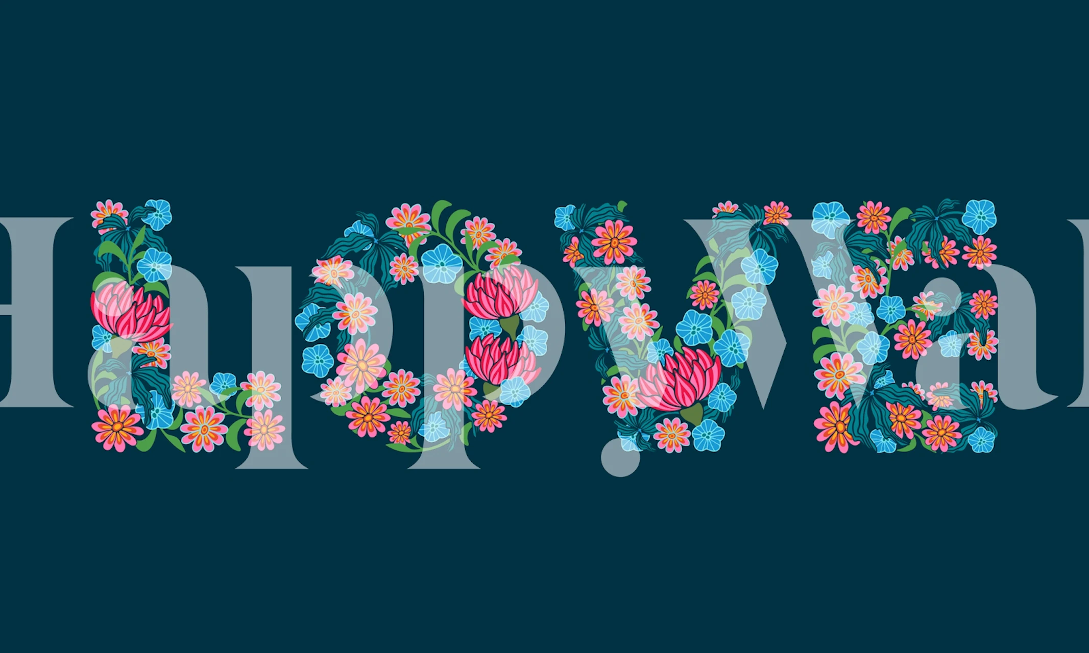 Colorful floral lettering spelling LOVE on blue wallpaper