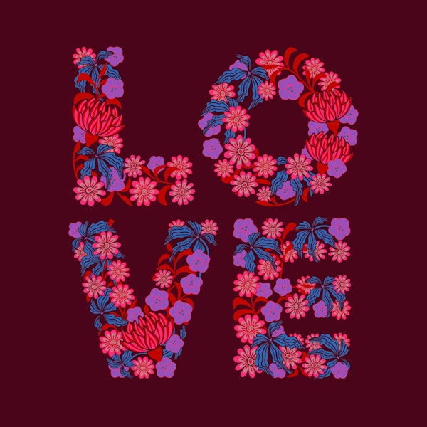 Flowered Love Floral Lettering Red Lg Square