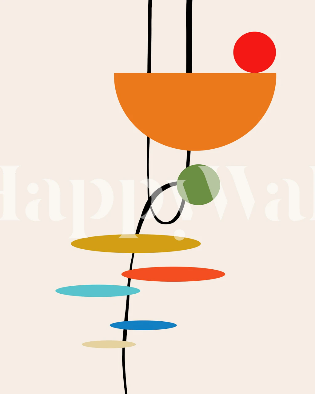 Geometric shapes in orange, green, and blue on beige wallpaper