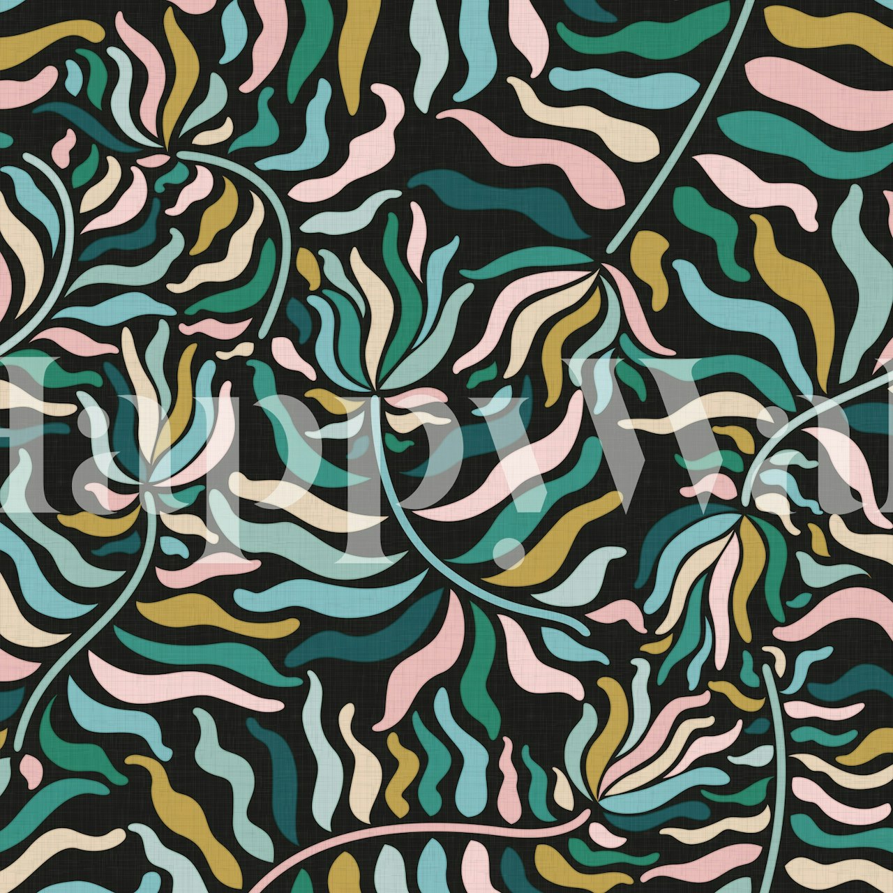 Colorful flowing floral patterns in pastel hues on dark wallpaper