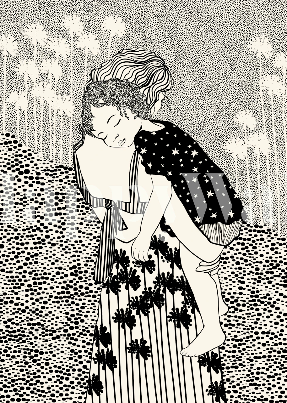 Mother carrying child, black and white patterns, illustrative wallpaper