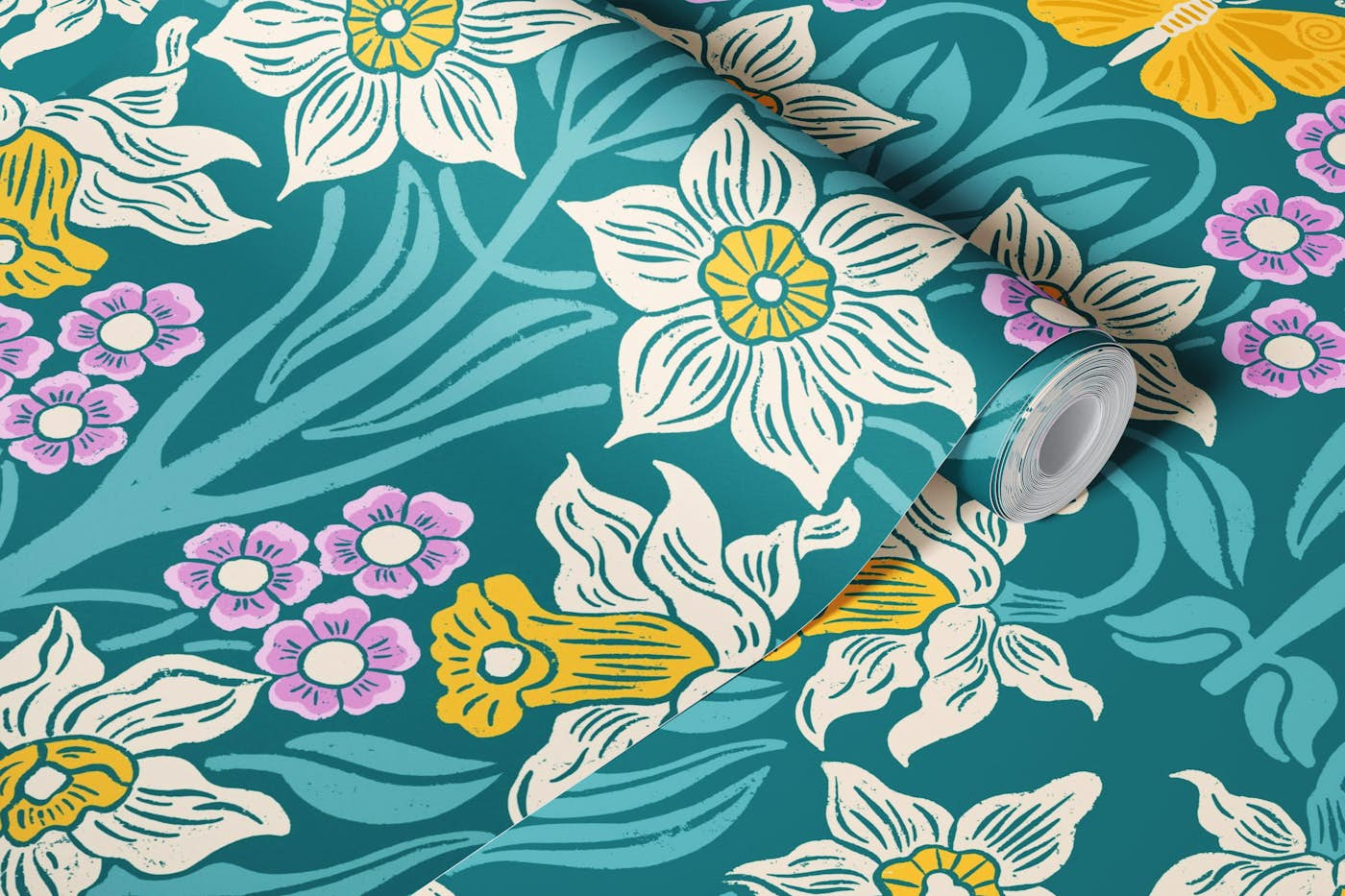 Symmetrical Daffodils and Butterflies in Teal wallpaper roll