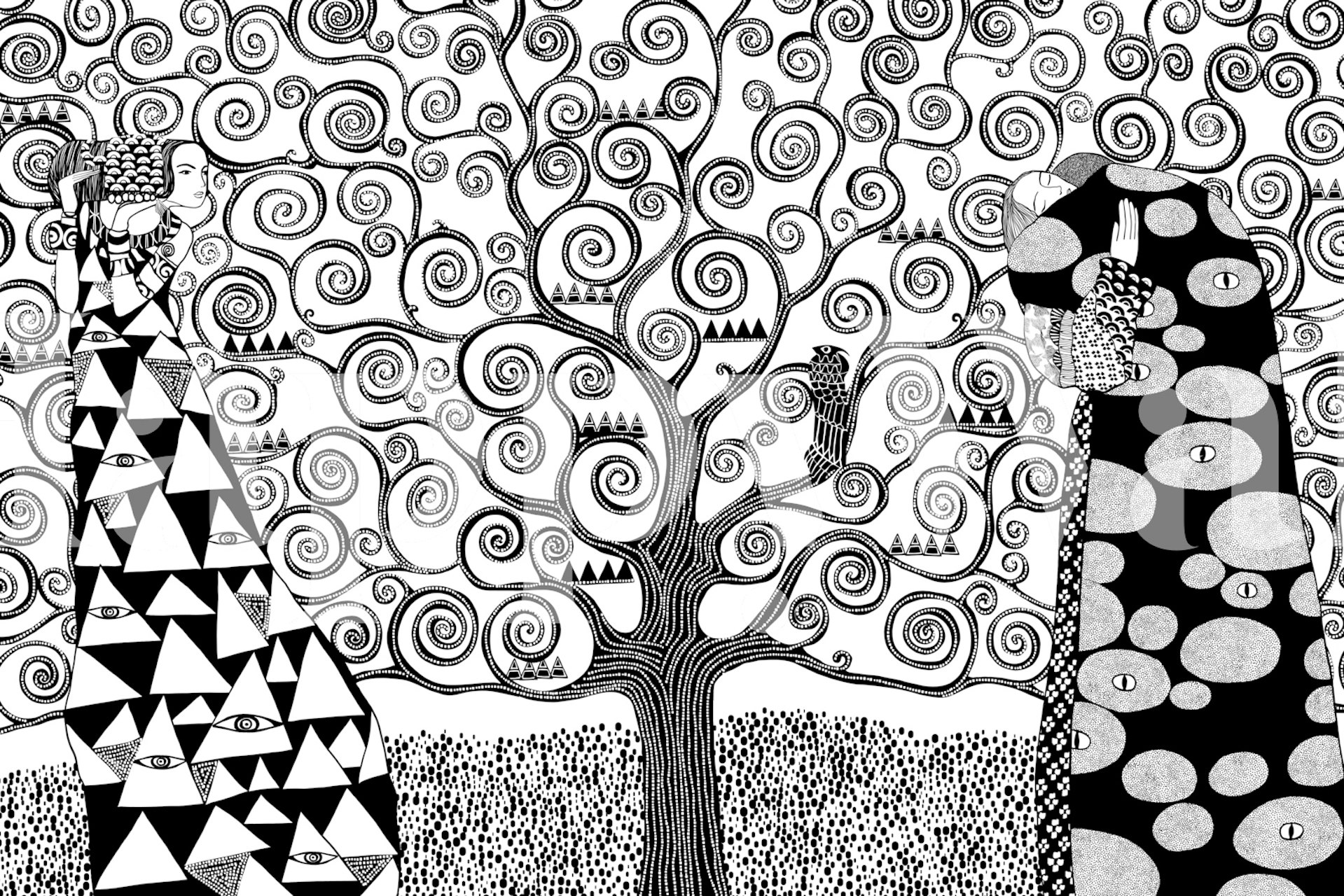 Tree of Life black and white wallpaper in a room