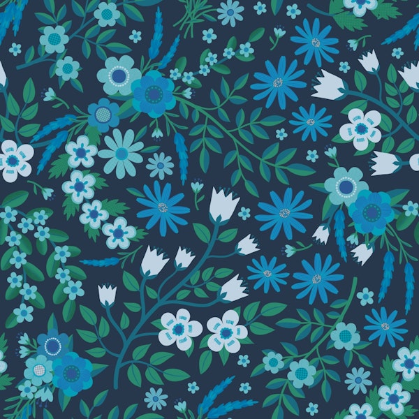 Summer Lavender and Daisies - blue on navy