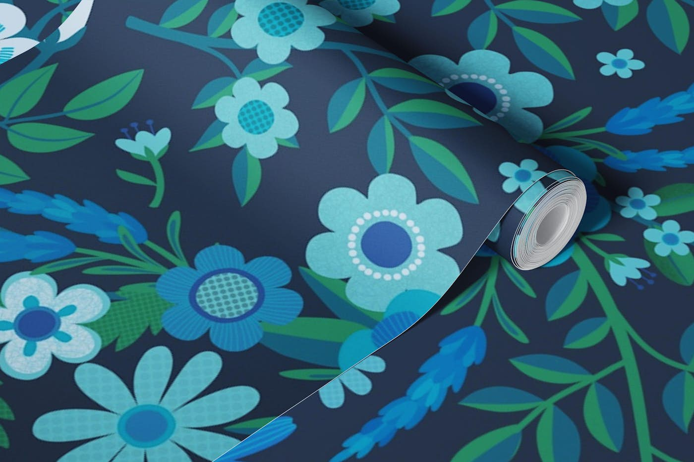 Summer lavender and daisies - blue on navy L wallpaper roll