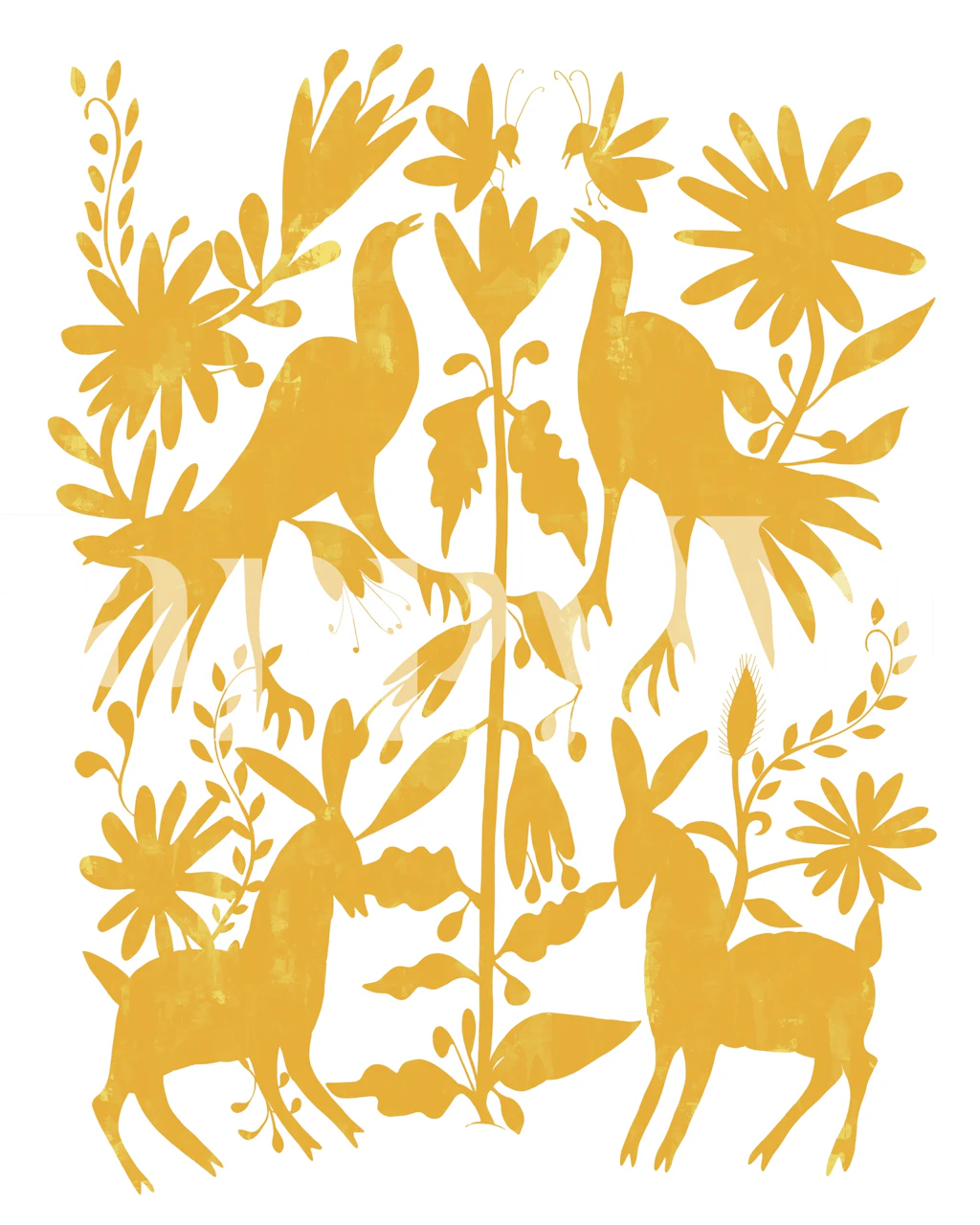 Yellow floral and animal motifs wallpaper