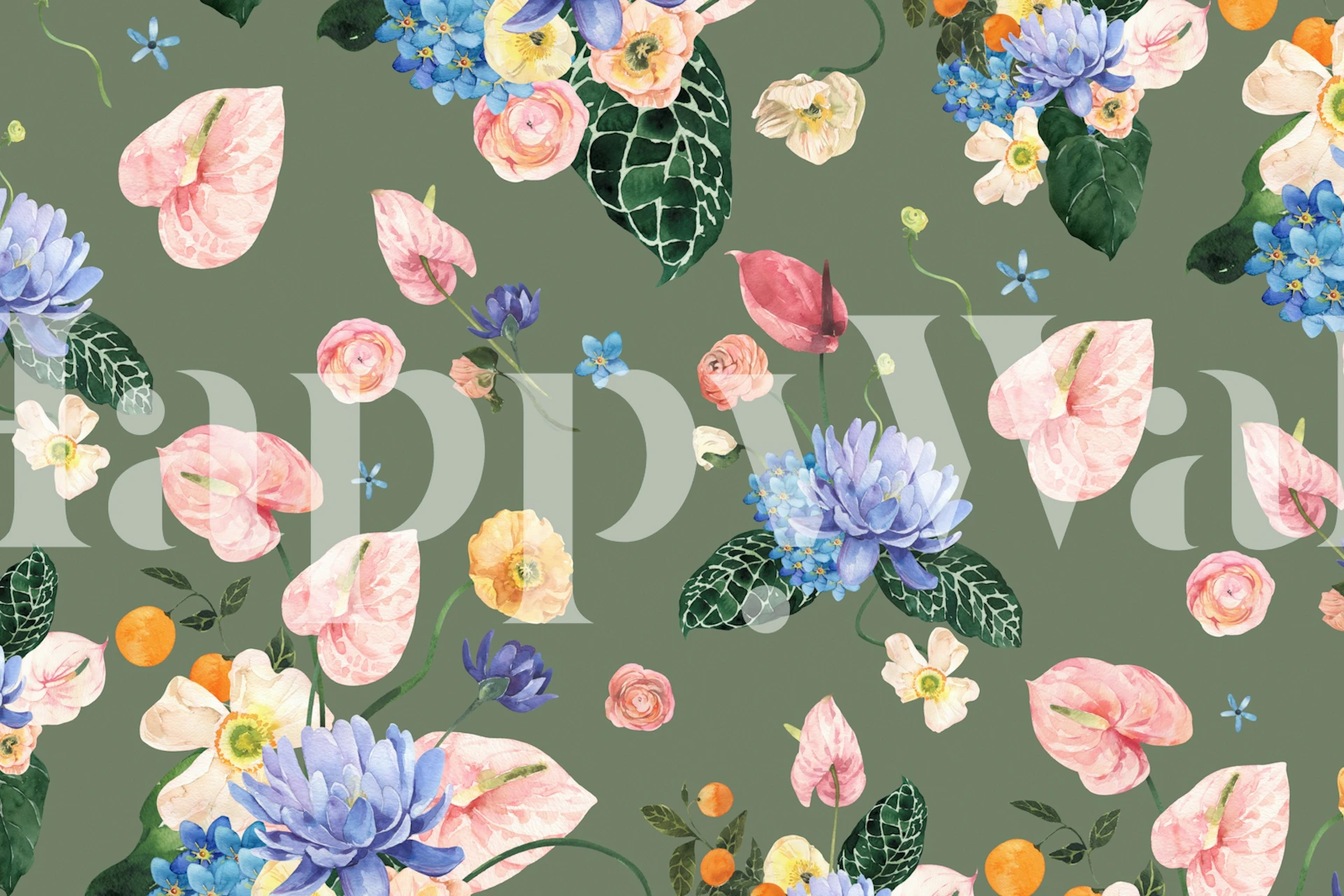 Colorful floral patterns with pink, blue, and yellow flowers on a green background wallpaper