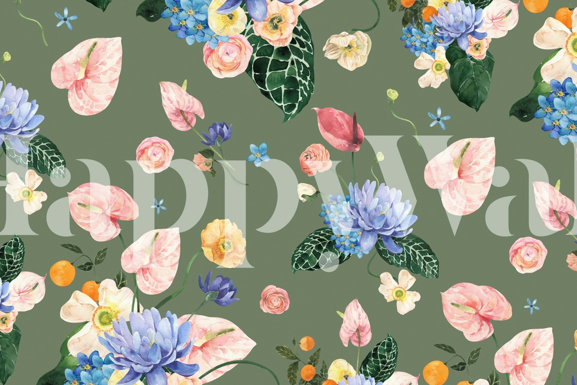 Colorful floral patterns with pink, blue, and yellow flowers on a green background wallpaper