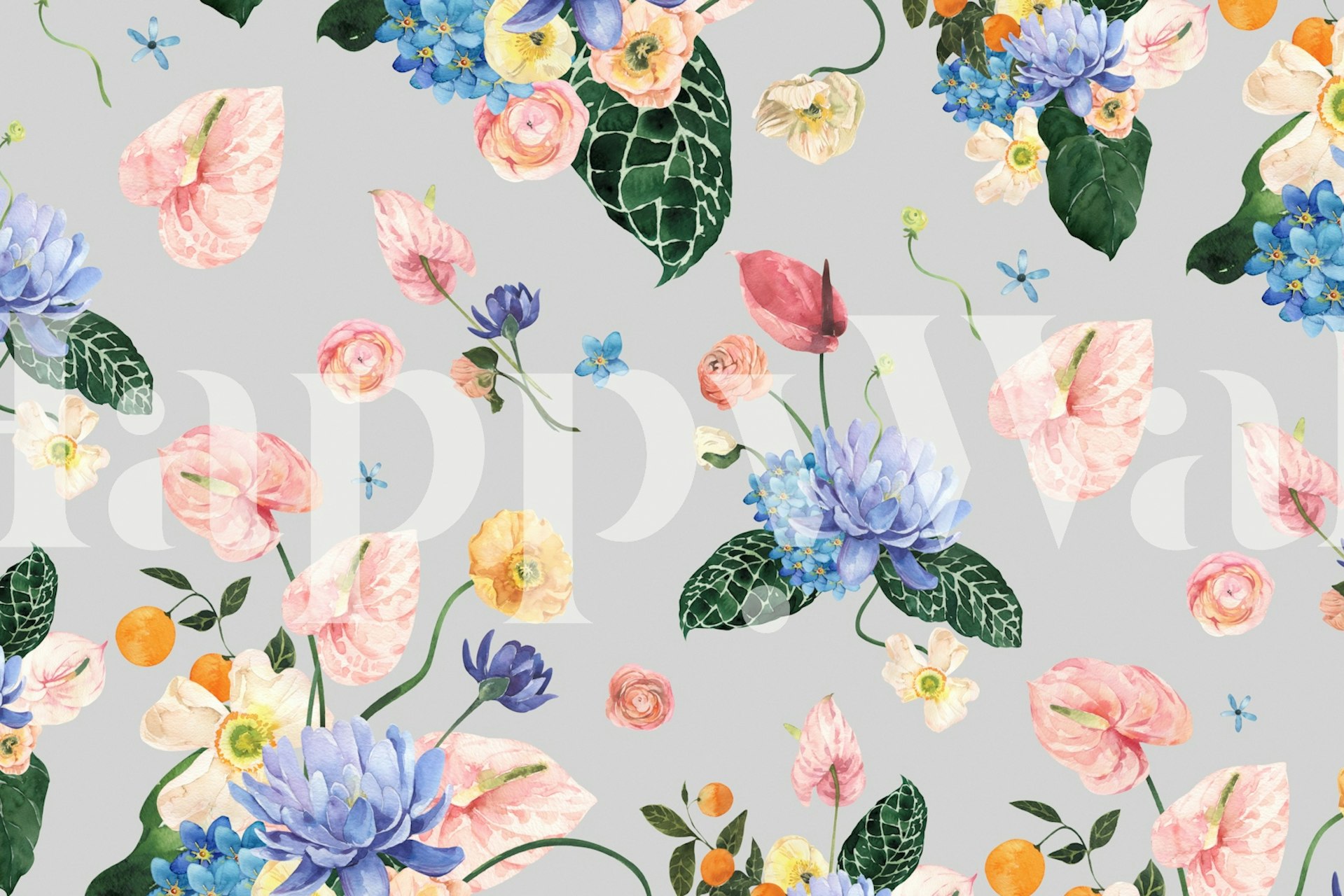 Exotic watercolor flowers wallpaper in a room