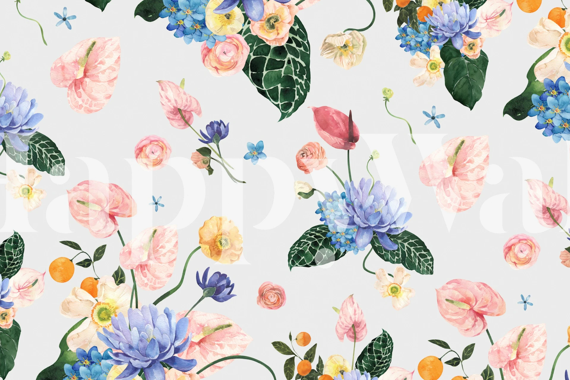 Tropical floral wallpaper with colorful flowers, leaves, and greenery on a light background.