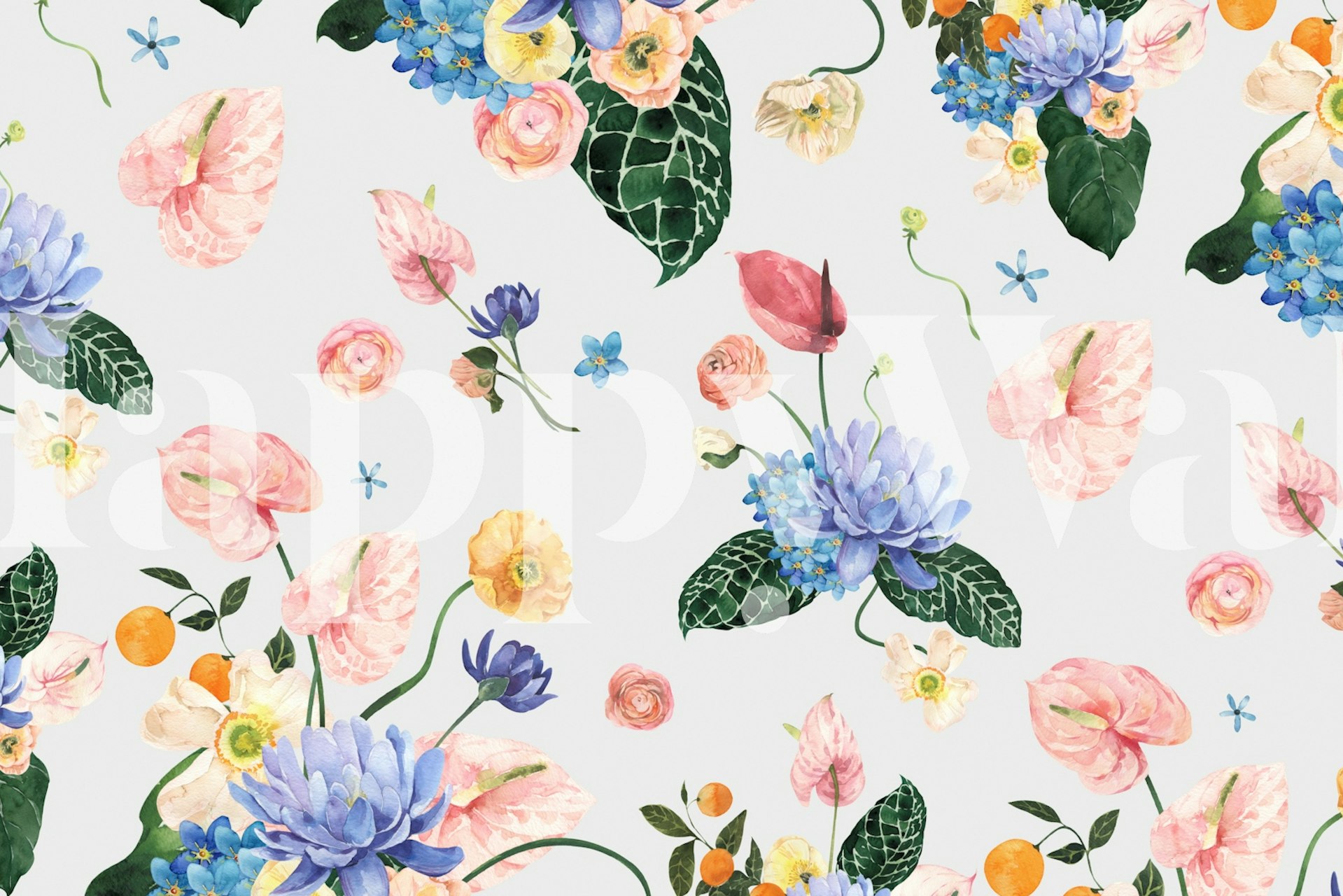 Tropical floral wallpaper with colorful flowers, leaves, and greenery on a light background.