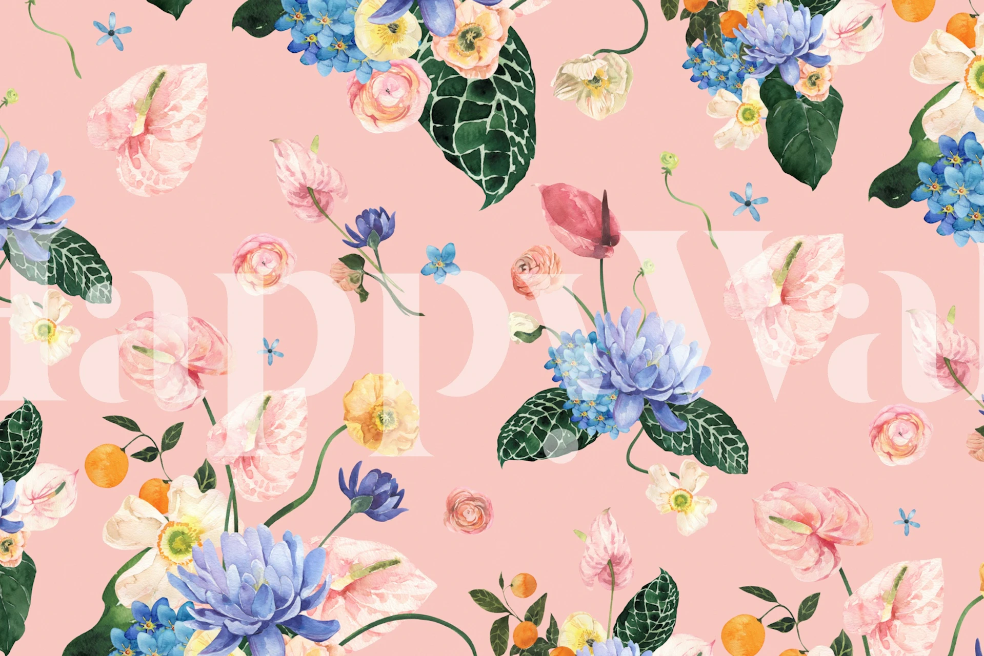 Tropical floral wallpaper with pink background, featuring blue and yellow flowers, and green leaves.
