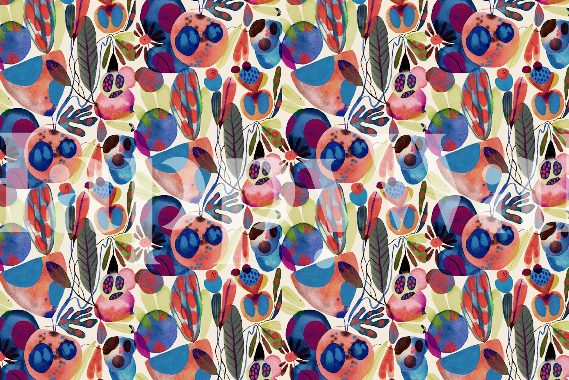 Colorful floral pattern with blue, red, and green elements wallpaper