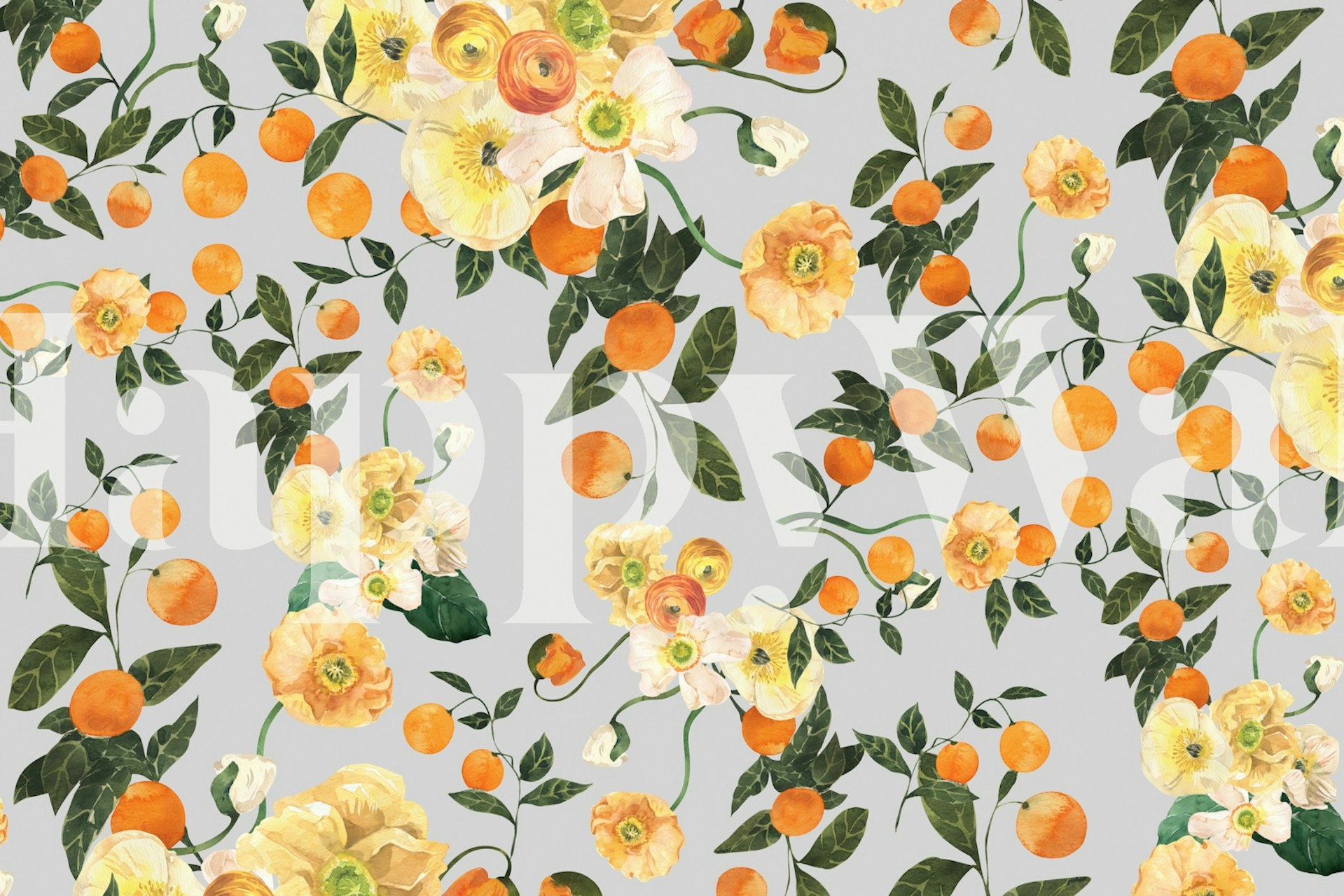 Värikkäät kukat ja appelsiinit tapetti huoneessa