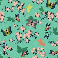 Cherry Blossom and Butterflies on Green Linen tapete