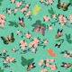 Cherry Blossom and Butterflies on Green Linen