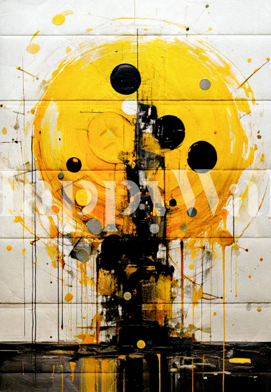 Bold yellow sun with black circles and splashes, abstract art wallpaper