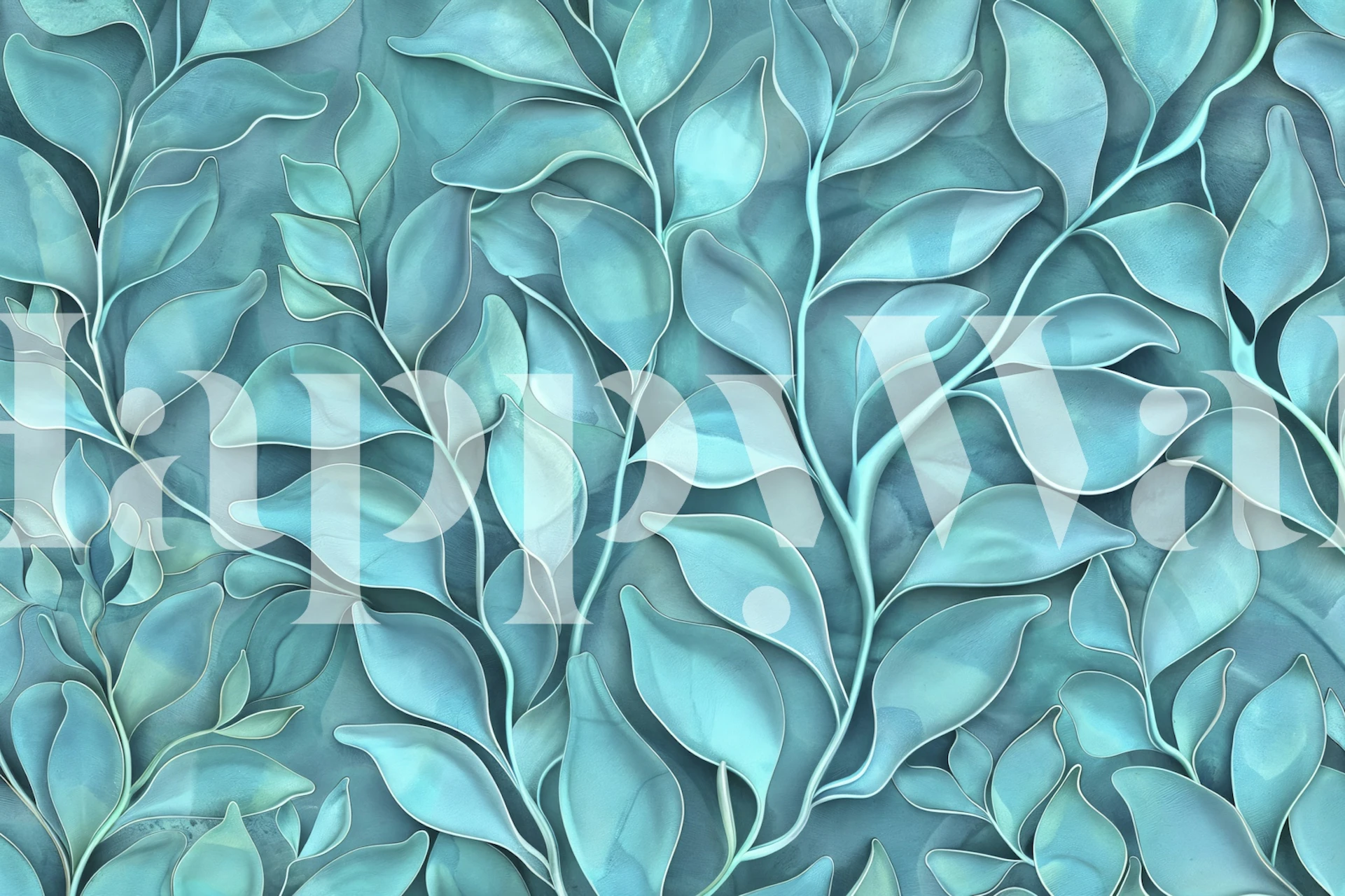 Green leaf patterns on a blue background wallpaper