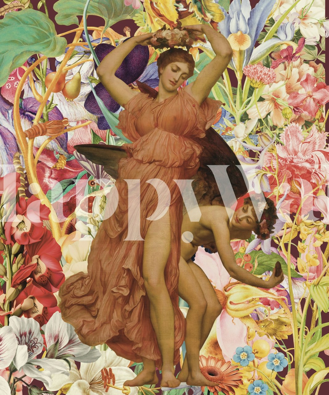 Colorful floral wallpaper with flowers and figures in warm hues