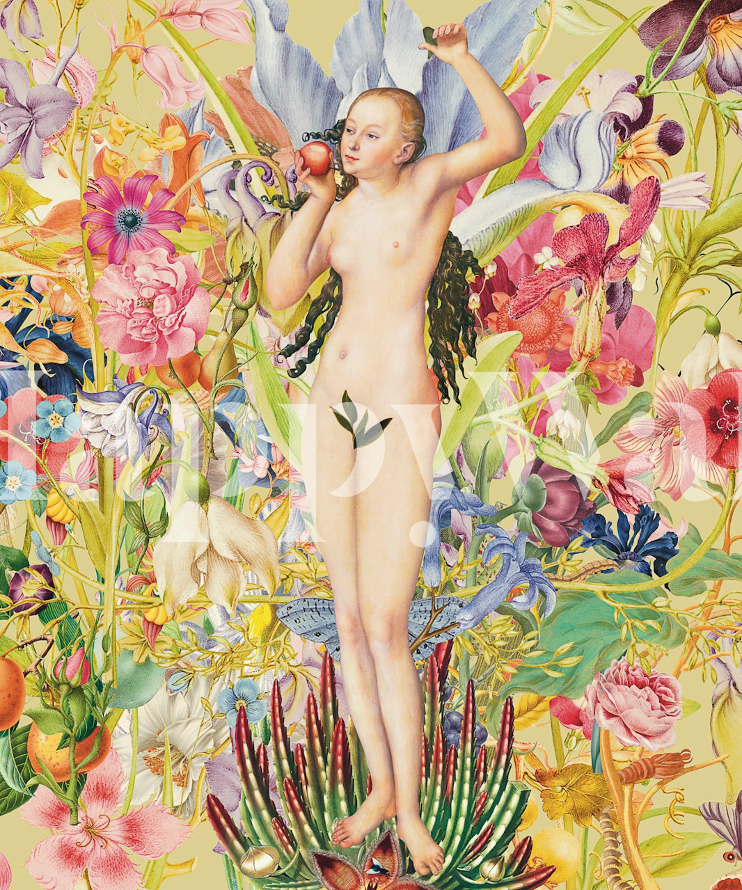 Floral pattern wallpaper featuring a naked figure with vibrant flowers