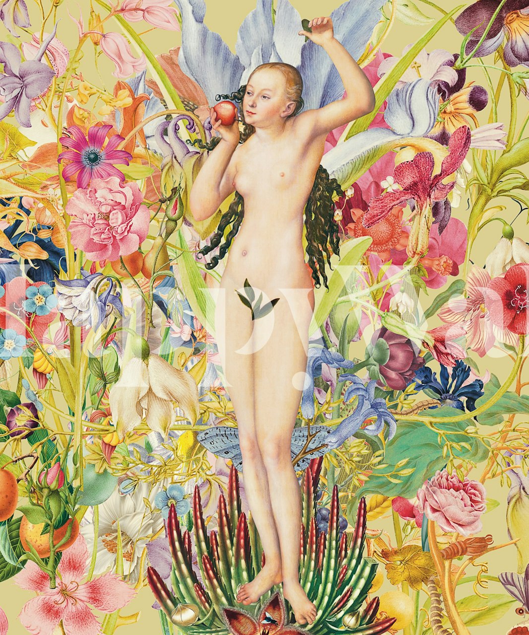 Floral pattern wallpaper featuring a naked figure with vibrant flowers