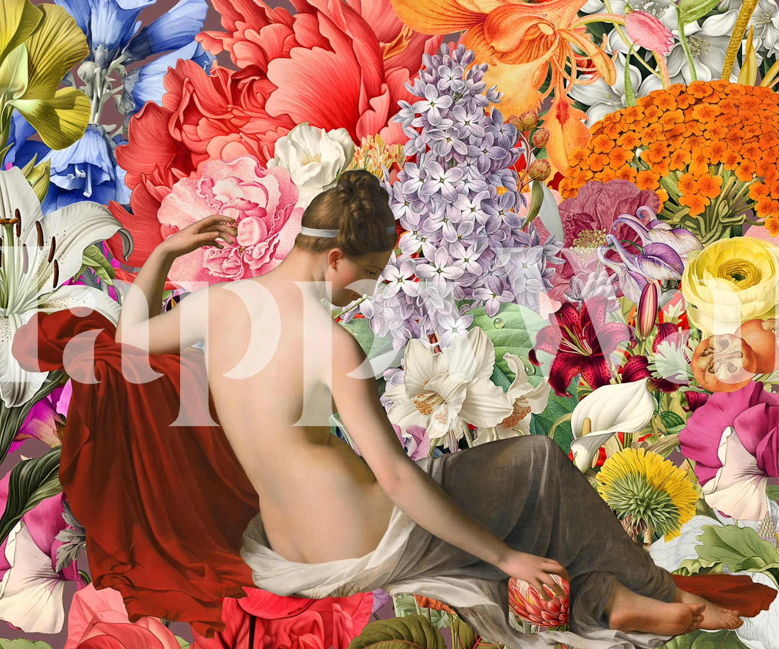 Woman sitting among colorful flowers in vibrant floral wallpaper