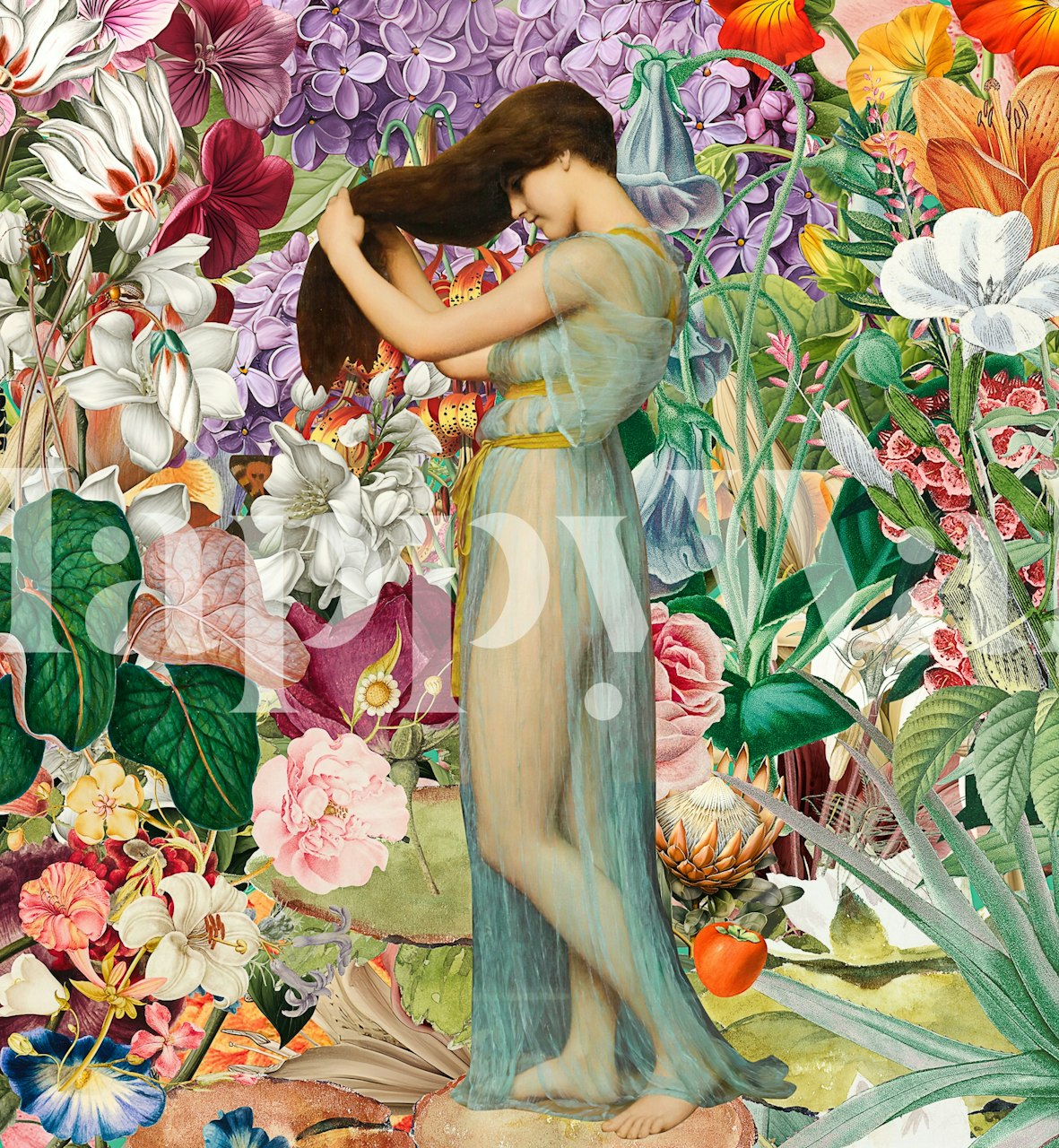 Vintage floral wallpaper with a woman surrounded by colorful flowers