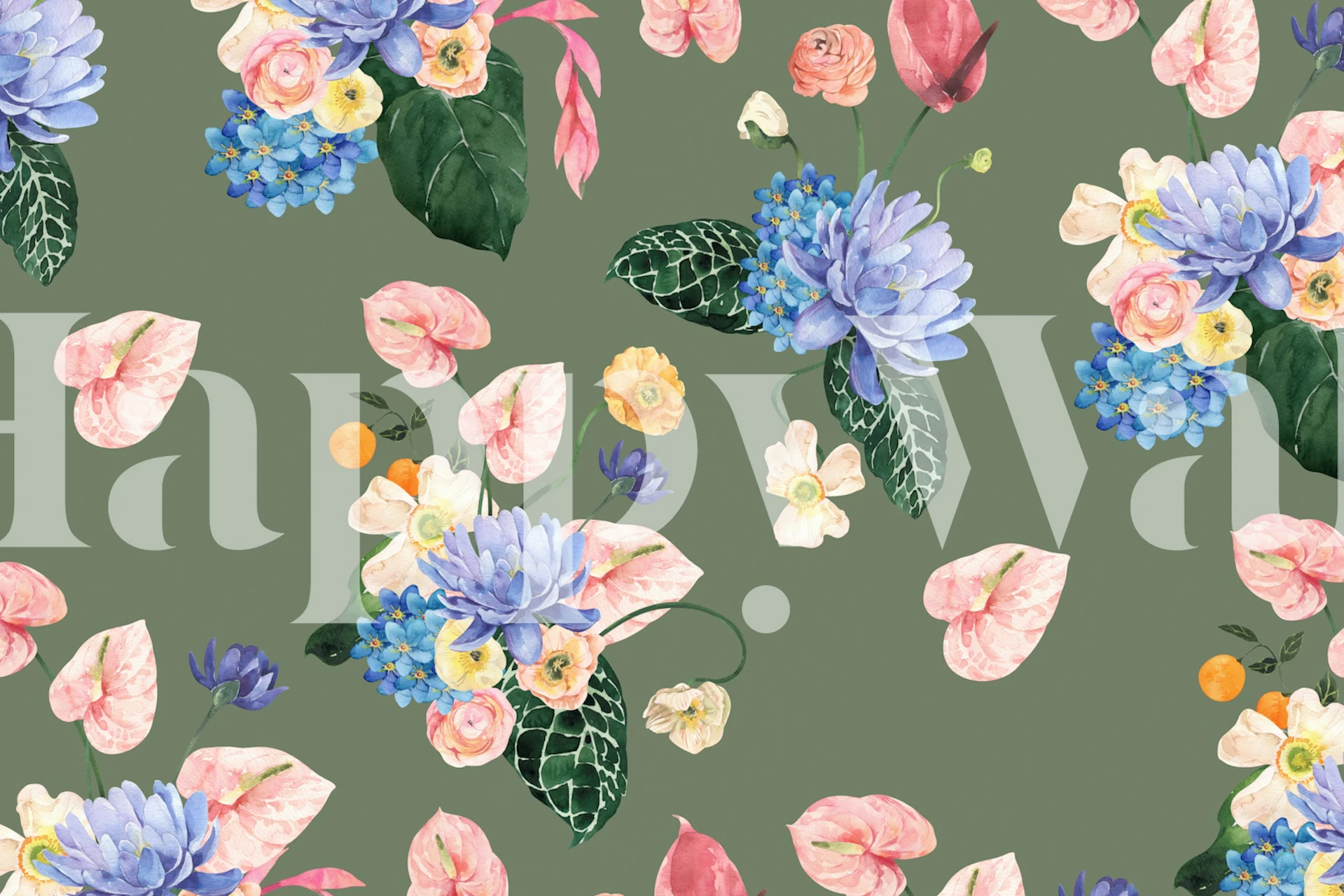 Floral wallpaper design with blue and pink flowers on a green background.
