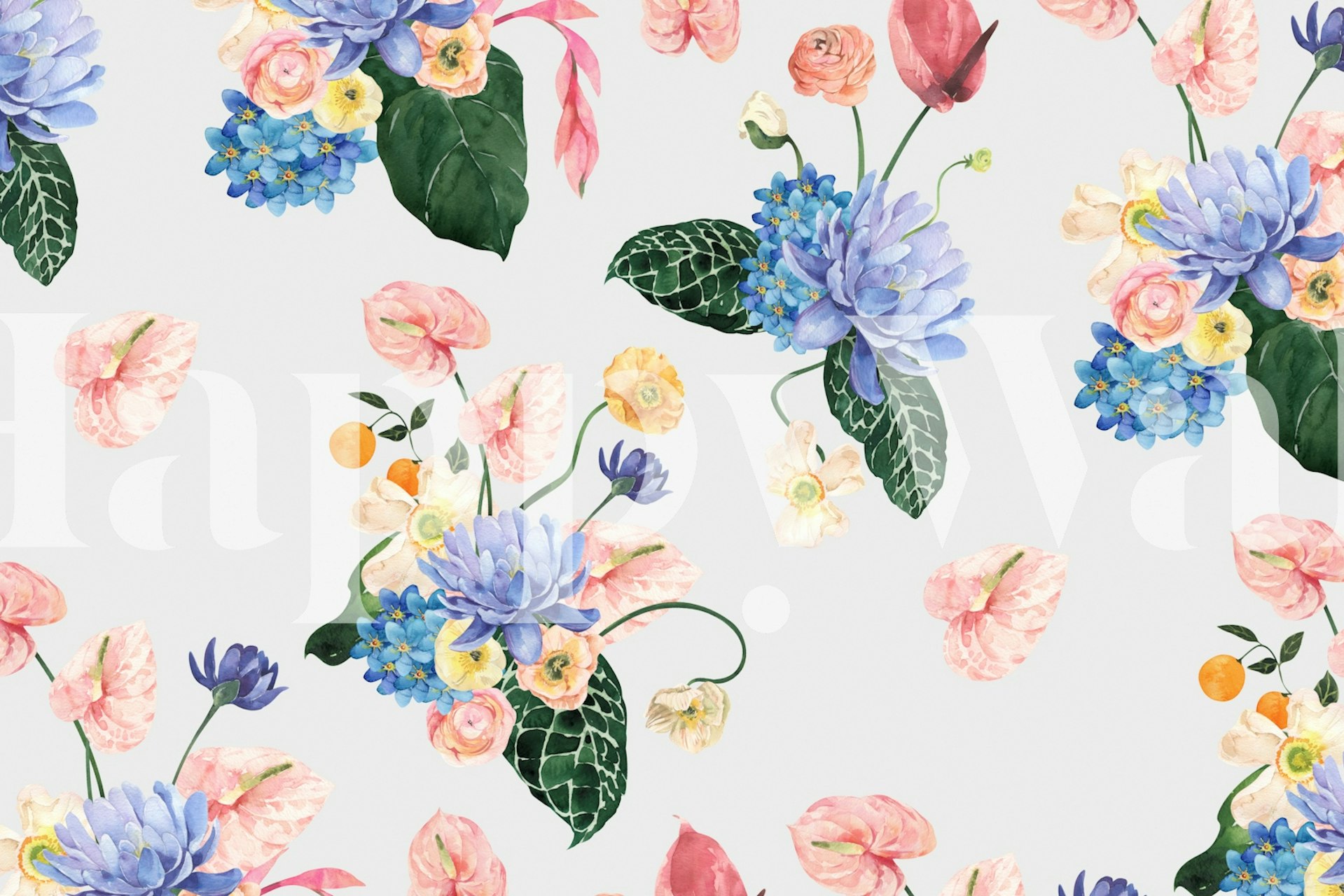 Colorful mixed floral design on light gray wallpaper