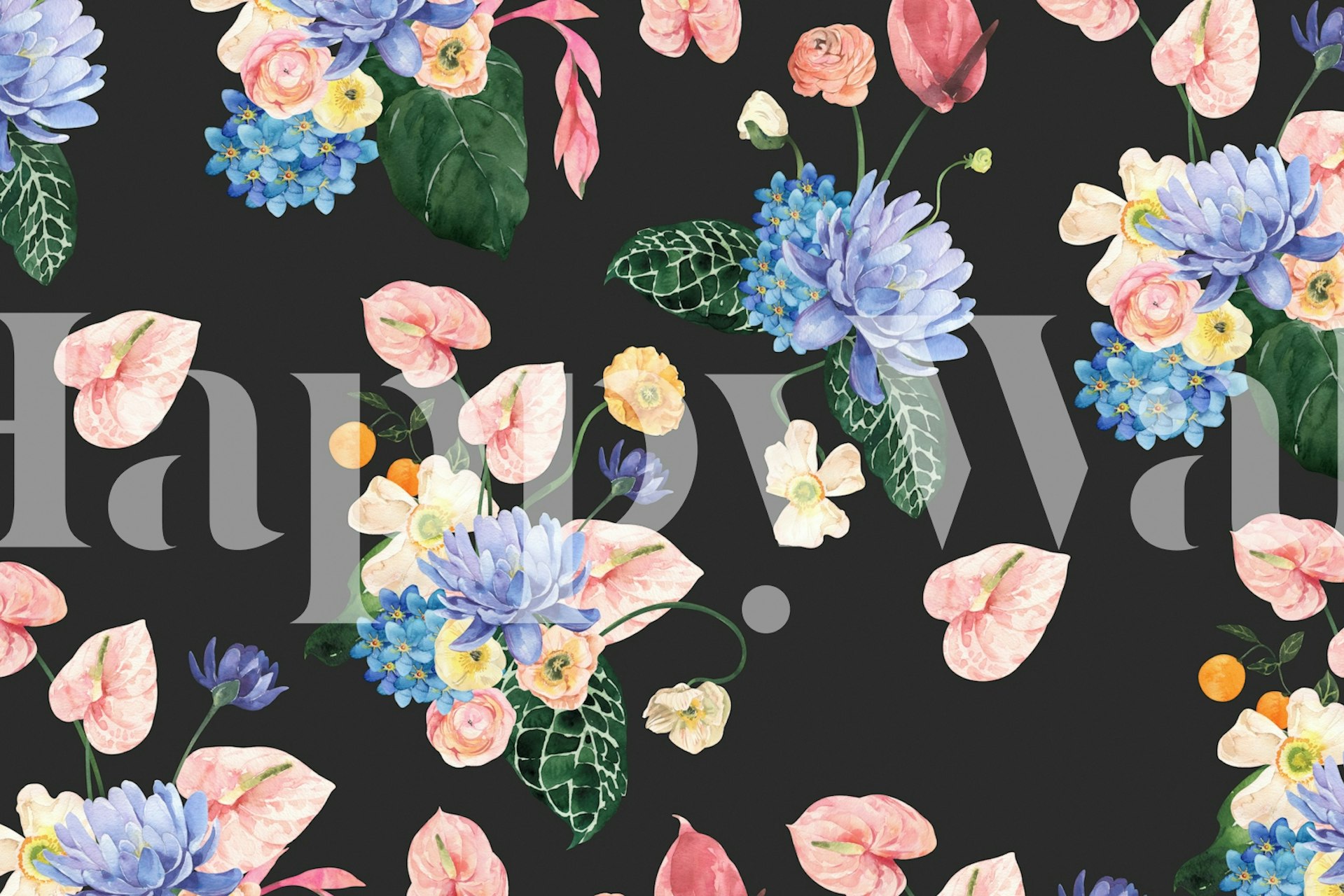 Colorful floral watercolor wallpaper with blue, pink, and green accents