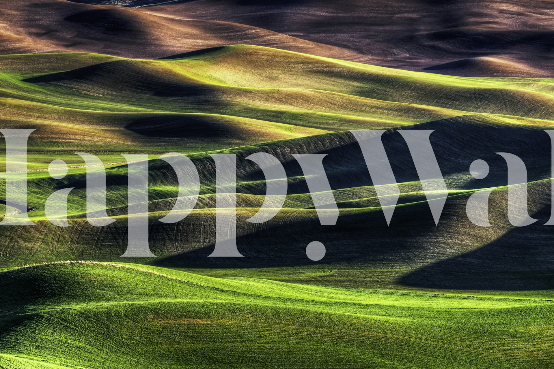 Naturinspirert vårpalett-veggmaleri med levende grønne nyanser og myke bølgende åser.