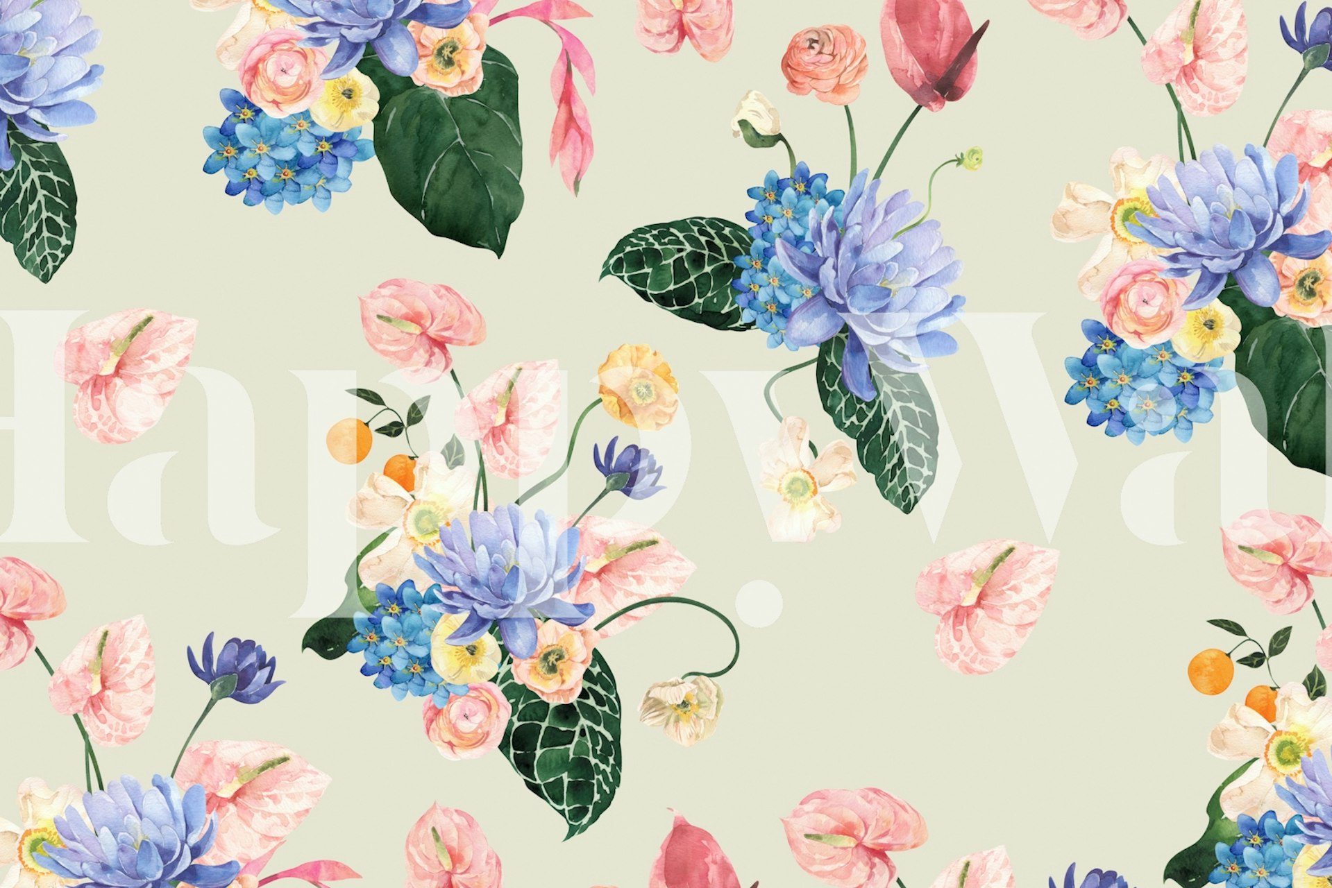 Floral design with pink and blue flowers on light background wallpaper