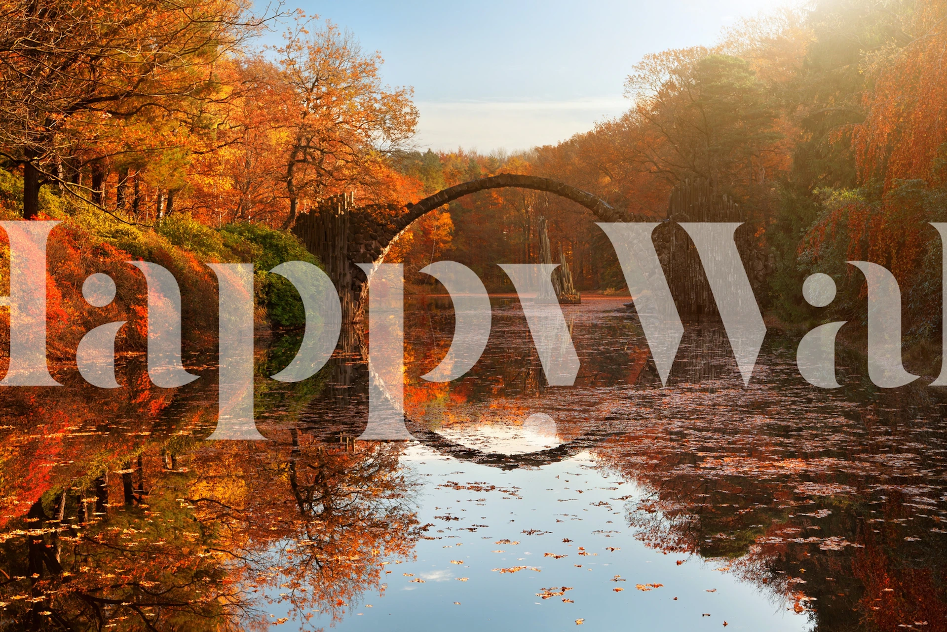 Autumn landscape with orange leaves and reflective lake wallpaper