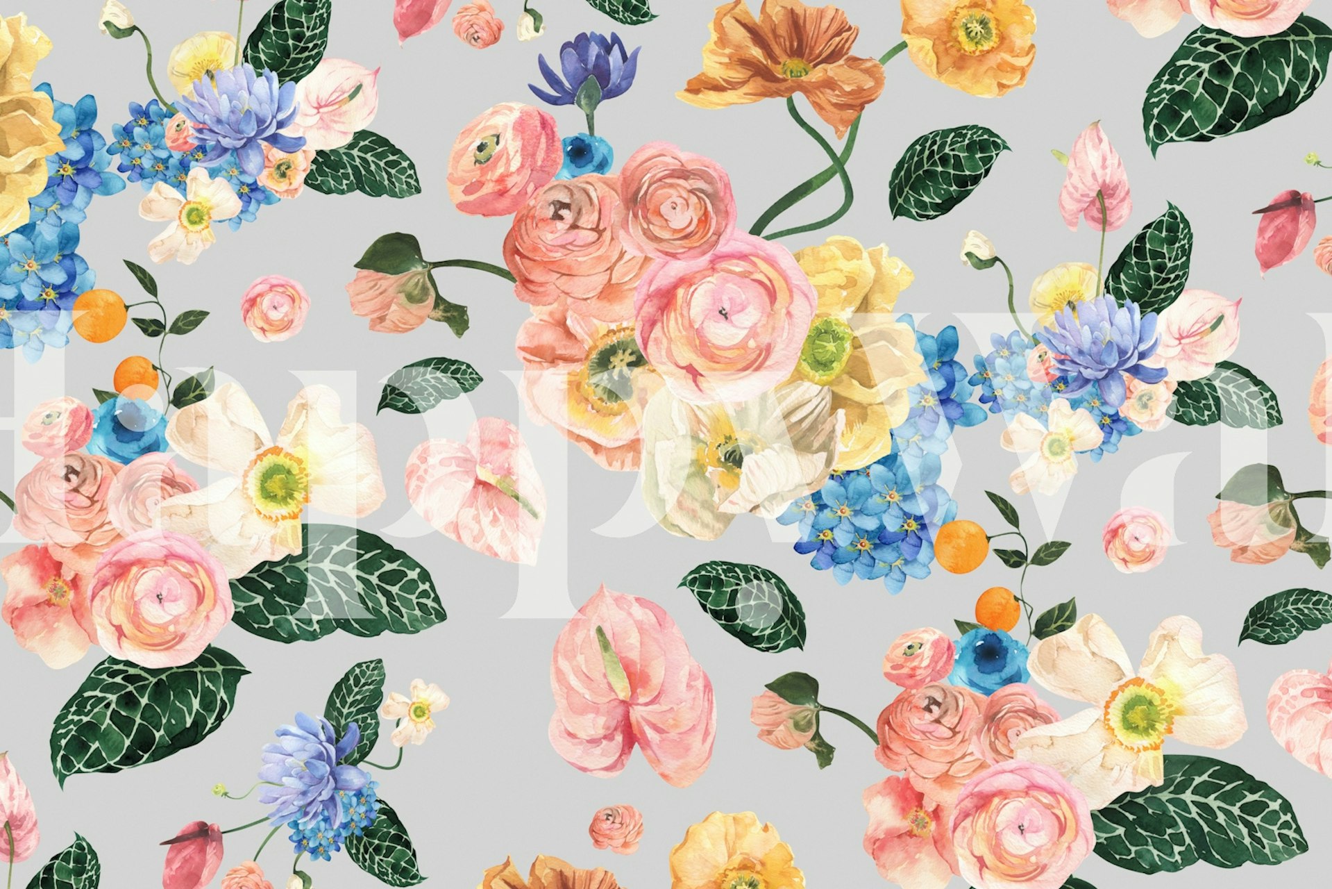 Colorful floral pattern with roses, peonies, and greenery wallpaper